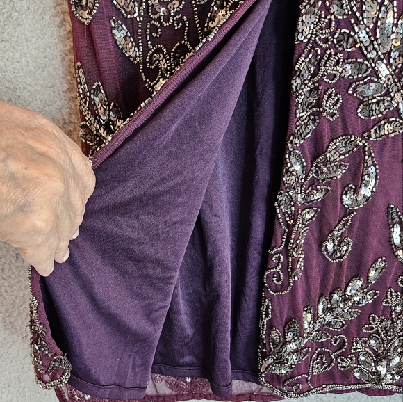 Pisarro Night Womens T Length Silver Beaded Gown Sz 8 Wine Color Chiffon Lined - Picture 14 of 15